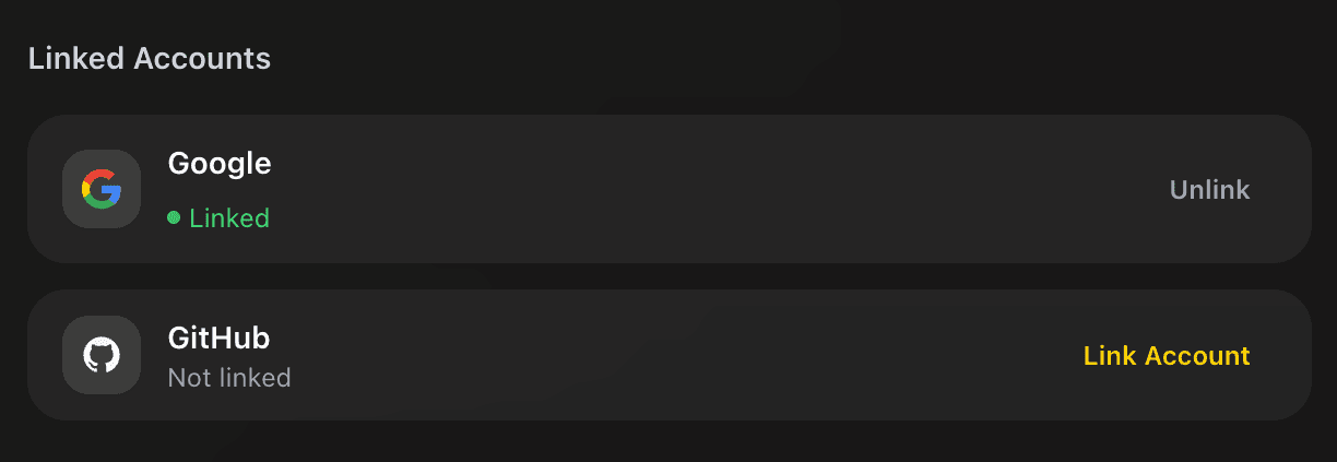 EidoStack Linked Accounts settings showing Google and GitHub sign-in links.
