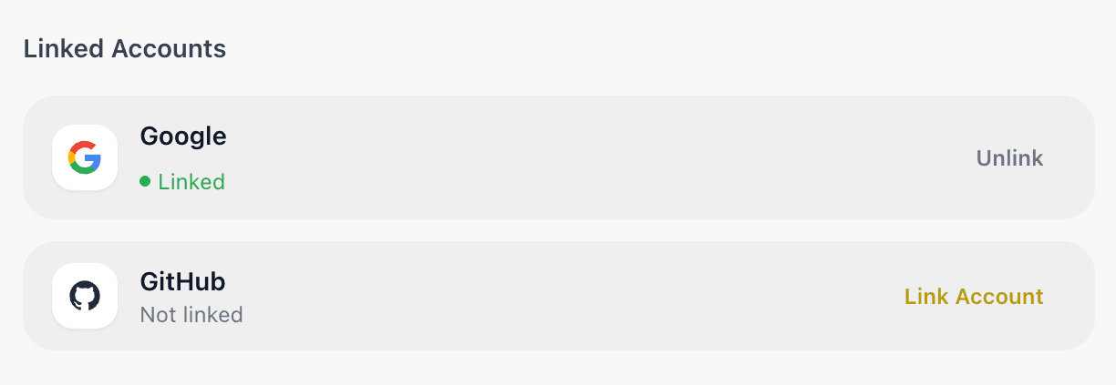 EidoStack Linked Accounts settings showing Google and GitHub sign-in links.