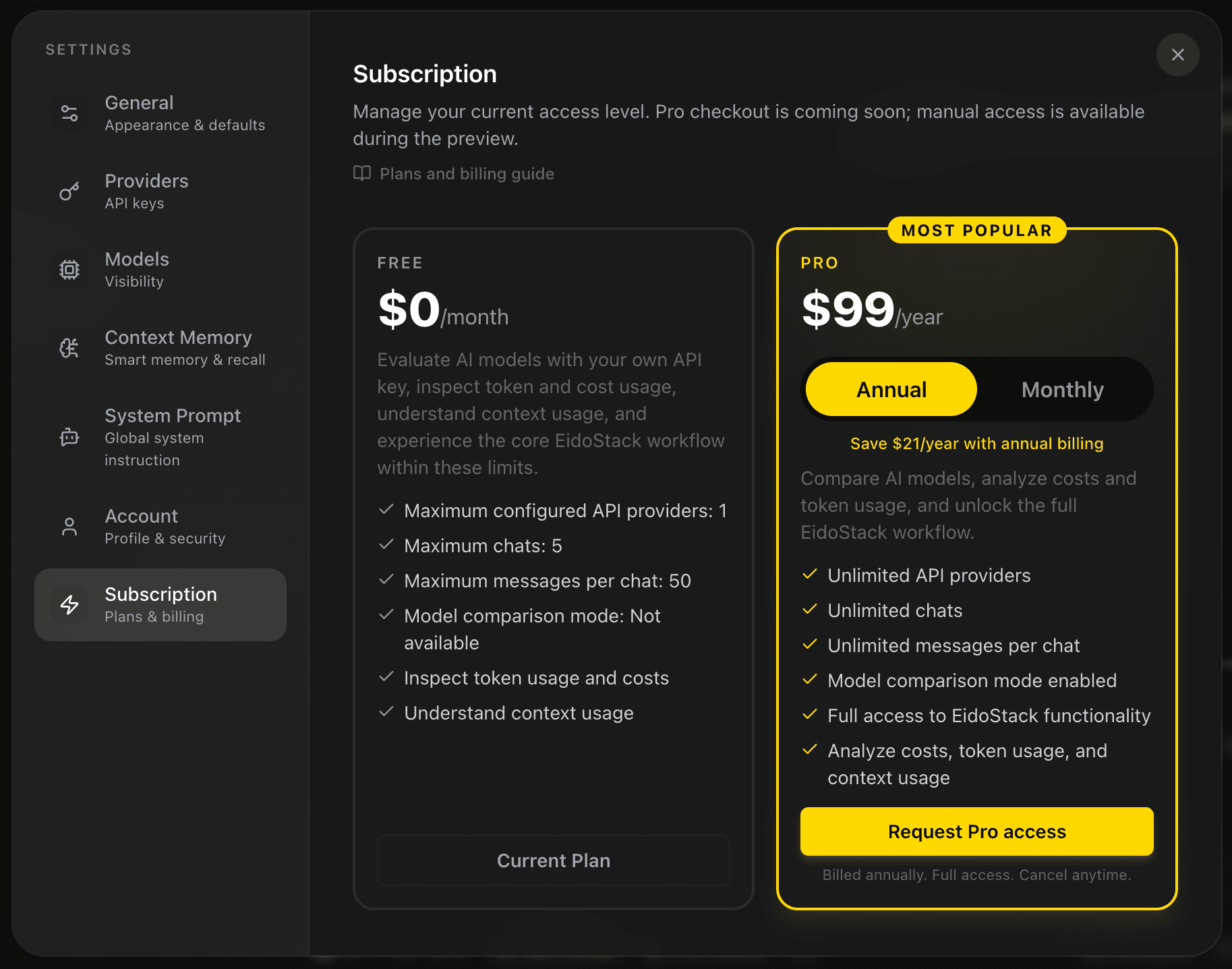 EidoStack Subscription settings page showing plan status, billing details, and subscription controls.