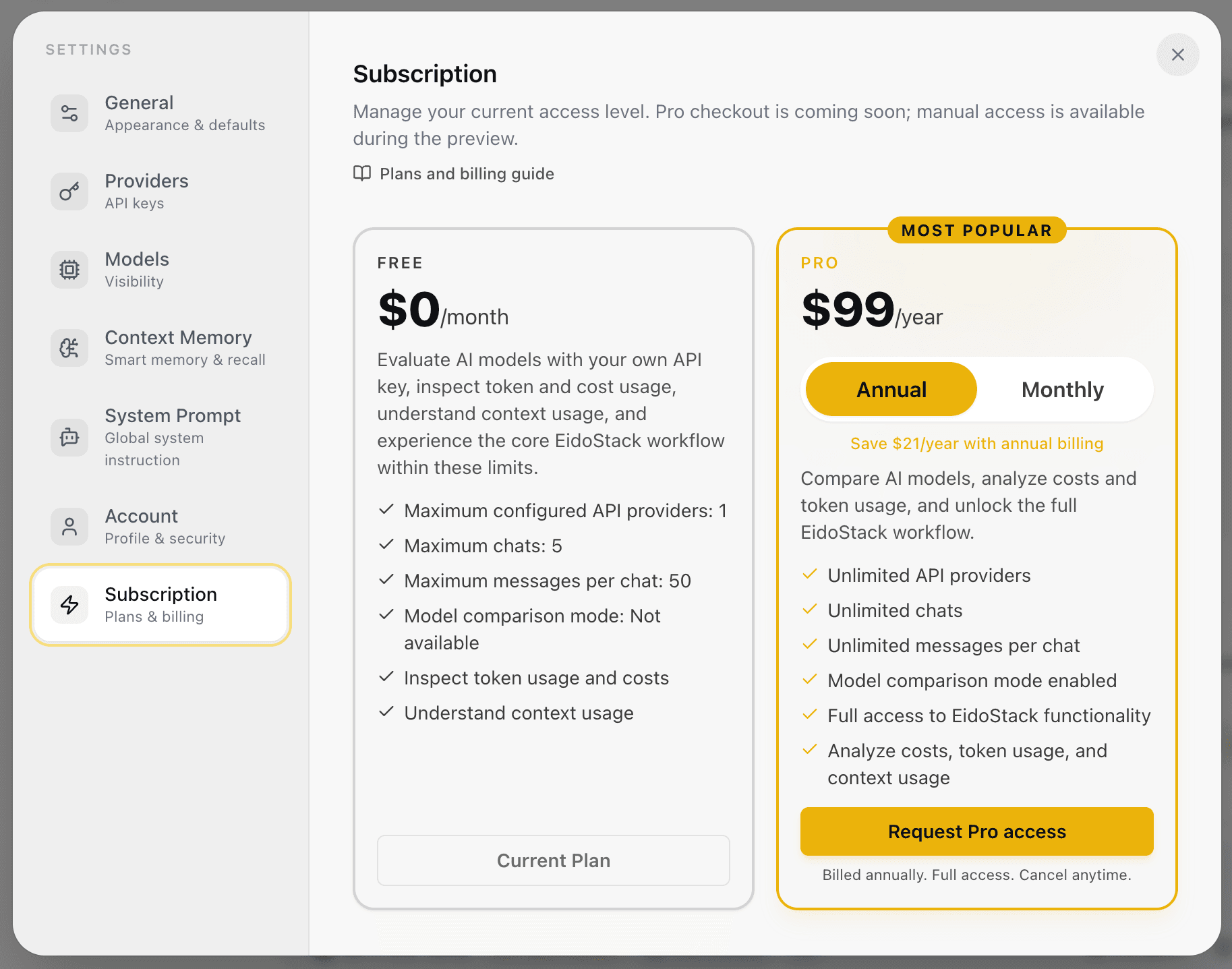 EidoStack Subscription settings page showing plan status, billing details, and subscription controls.