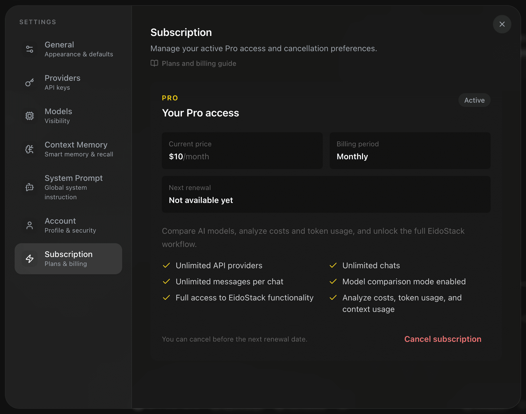 EidoStack Subscription settings showing the active plan, billing status, renewal details, and included features.