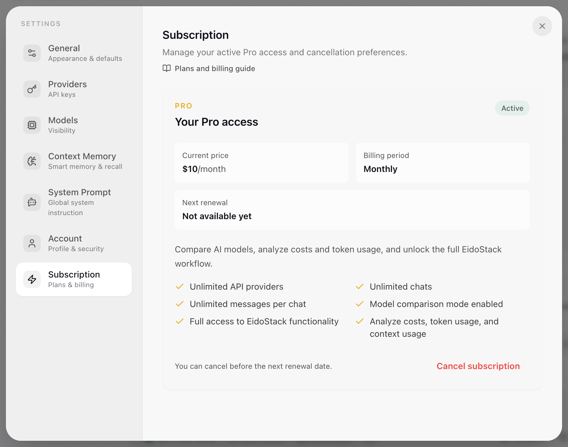 EidoStack Subscription settings showing the active plan, billing status, renewal details, and included features.