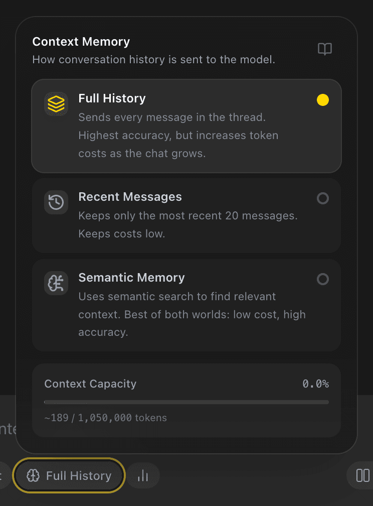 EidoStack chat workspace showing the Context Memory popover.