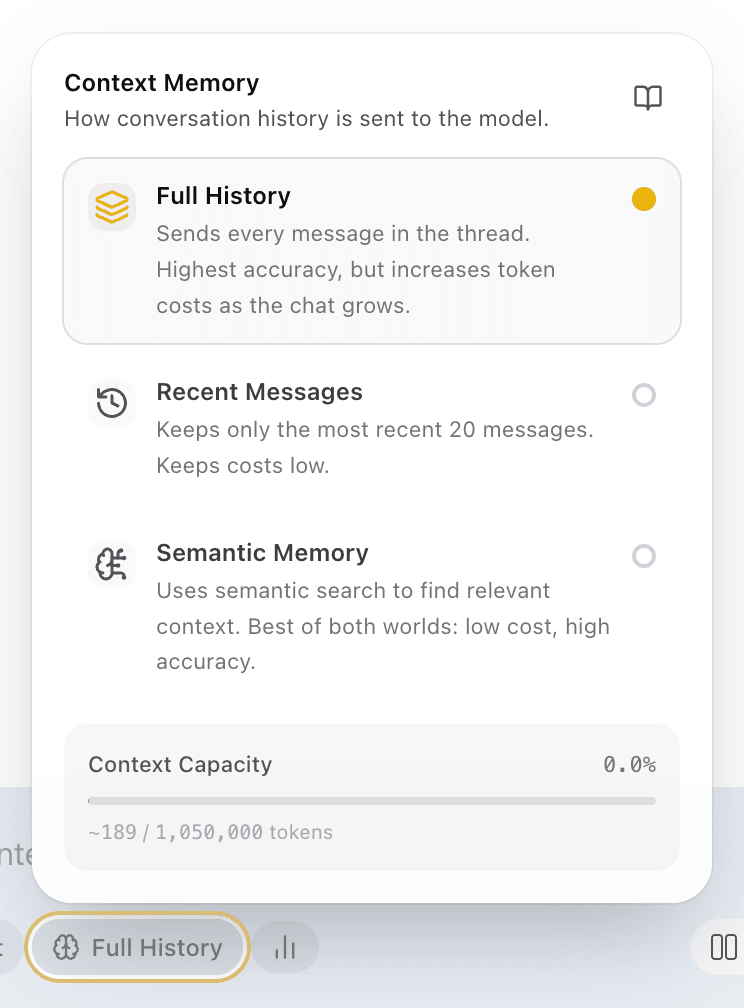 EidoStack chat workspace showing the Context Memory popover.