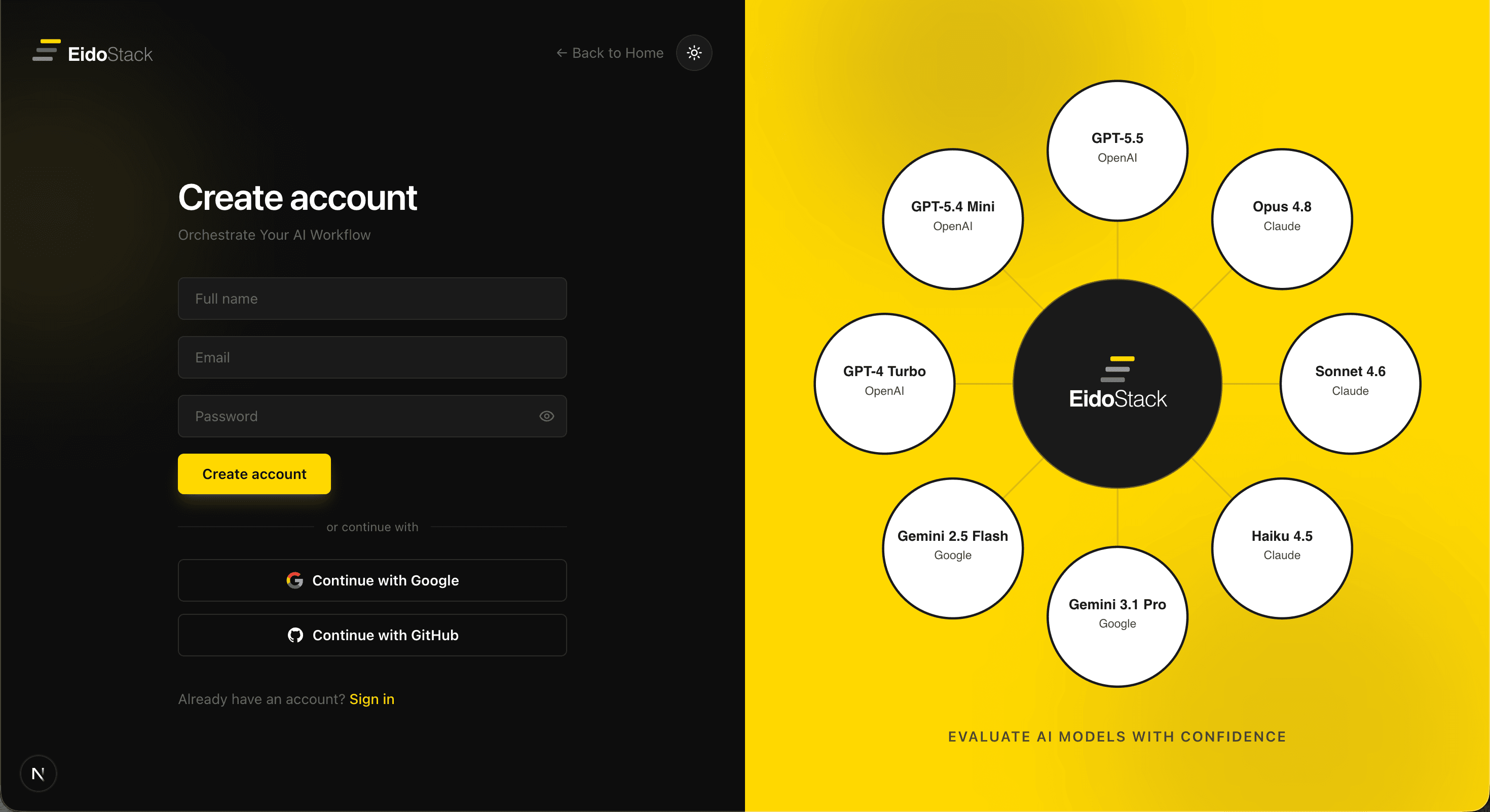 EidoStack desktop Create account screen showing full-name, email, and password fields, Google and GitHub sign-up options, and the model-orbit panel.