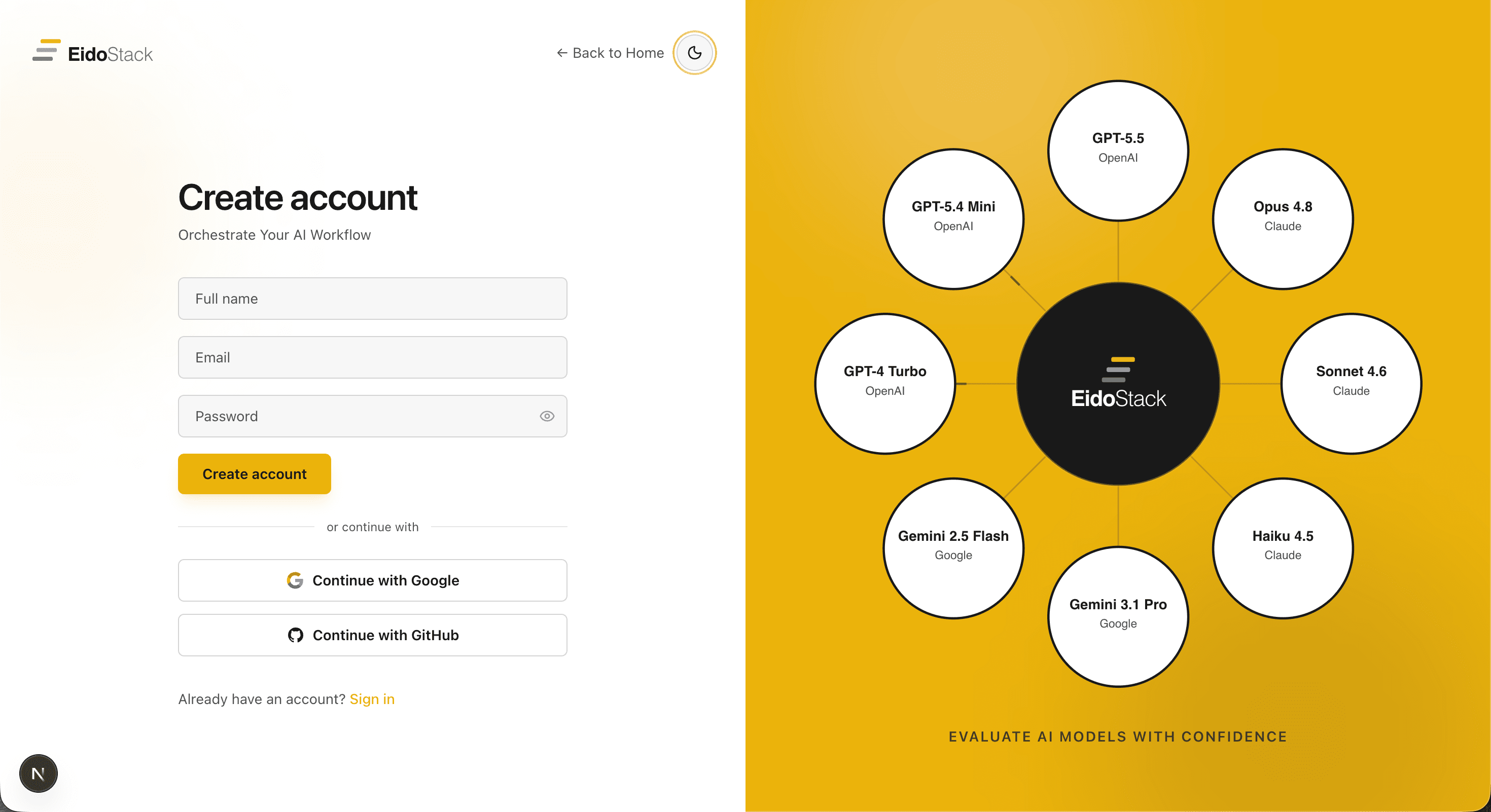 EidoStack desktop Create account screen showing full-name, email, and password fields, Google and GitHub sign-up options, and the model-orbit panel.