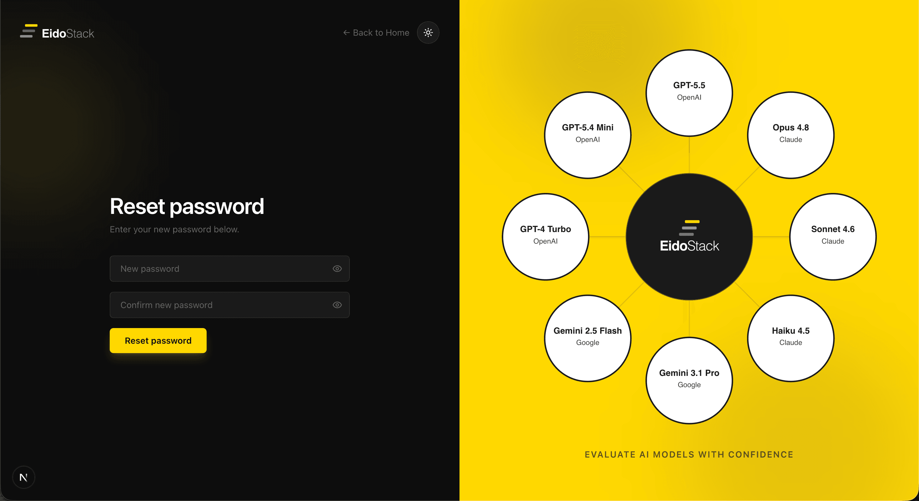 EidoStack desktop Reset password screen with new-password and confirmation fields.
