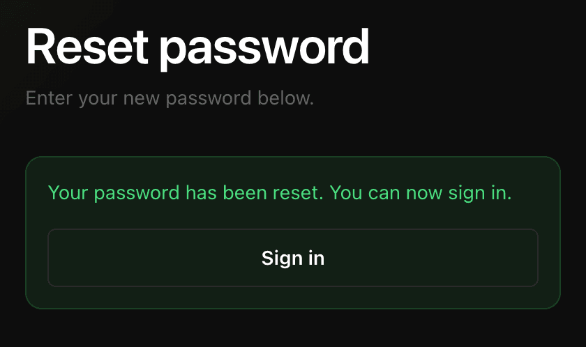EidoStack desktop password-reset confirmation showing the successful reset message and Sign in action.