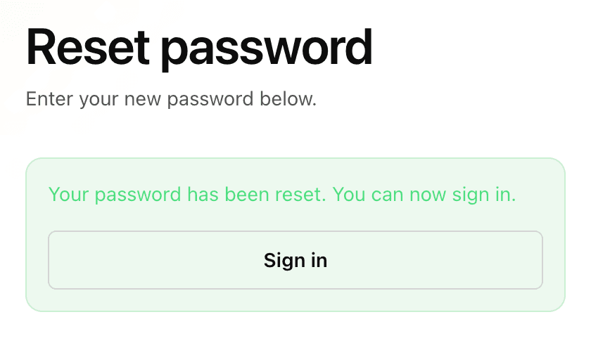 EidoStack desktop password-reset confirmation showing the successful reset message and Sign in action.