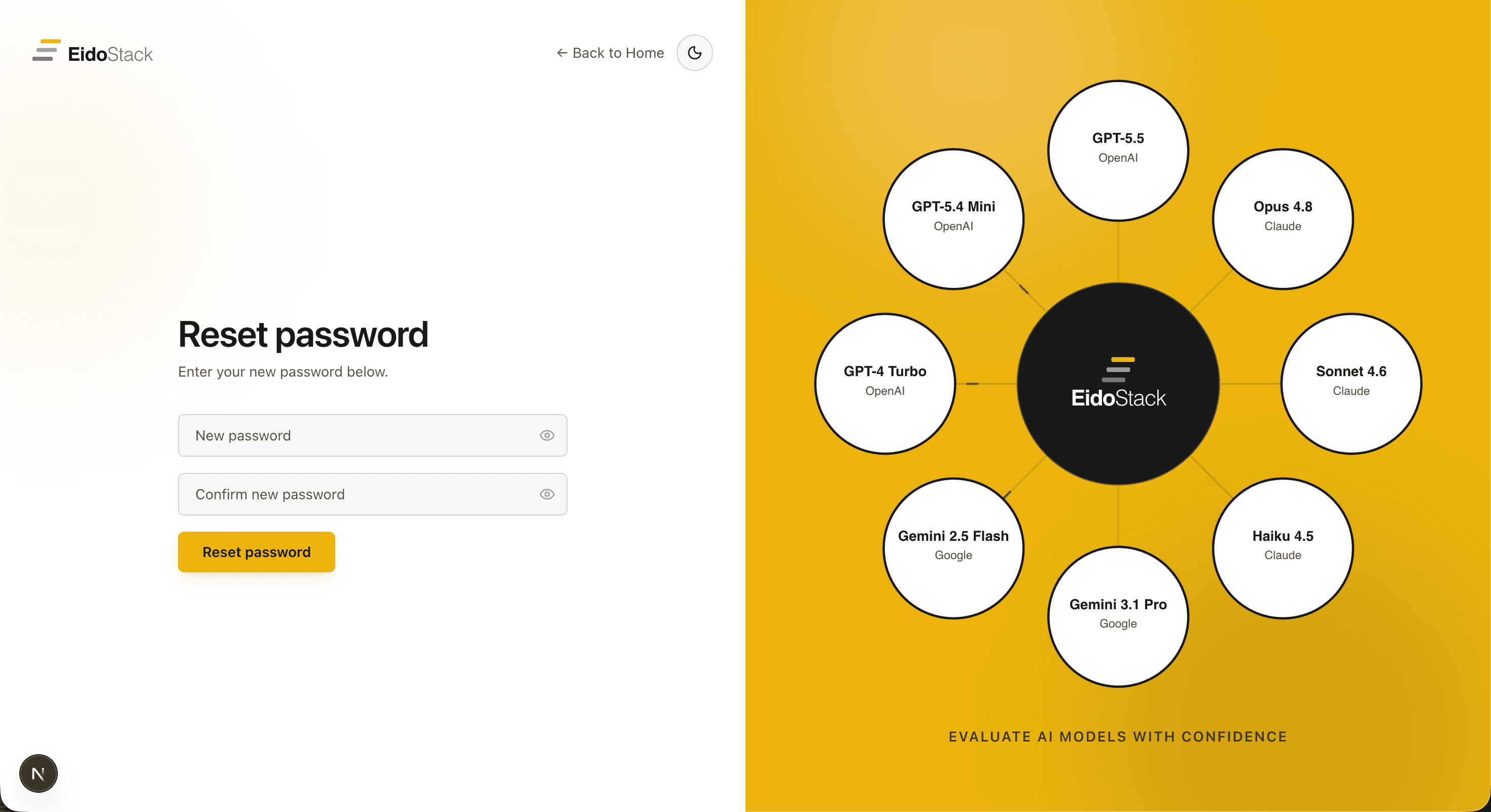 EidoStack desktop Reset password screen with new-password and confirmation fields.