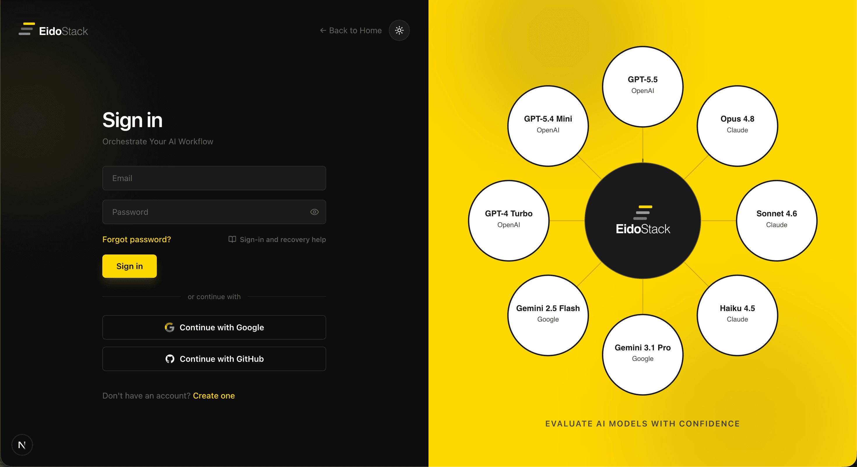 EidoStack desktop Sign in screen with email and password fields, Google and GitHub sign-in options, and password recovery.