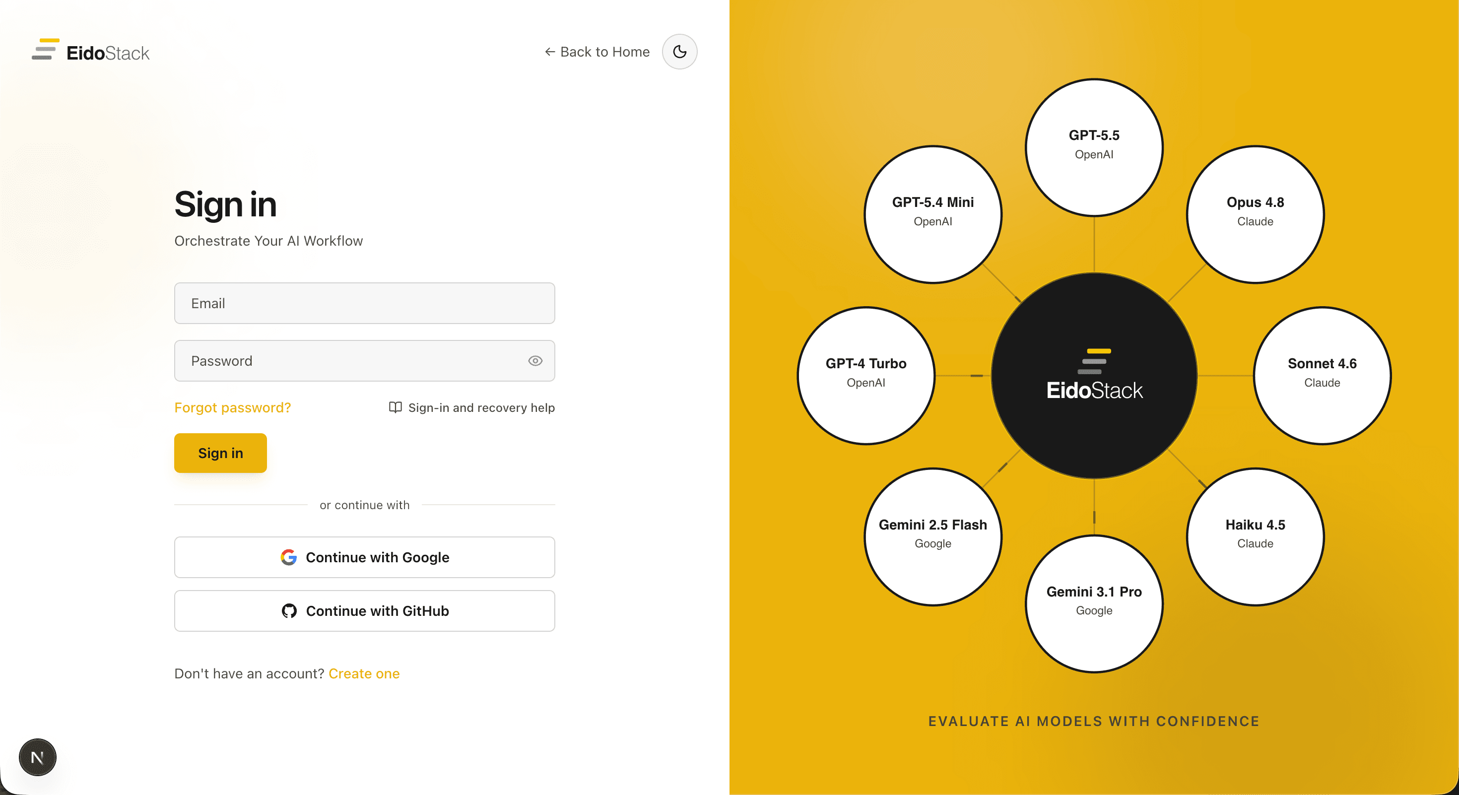 EidoStack desktop Sign in screen with email and password fields, Google and GitHub sign-in options, and password recovery.