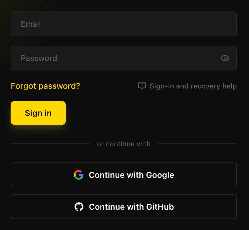 EidoStack desktop Sign in screen showing the email and password form plus Google and GitHub sign-in methods.
