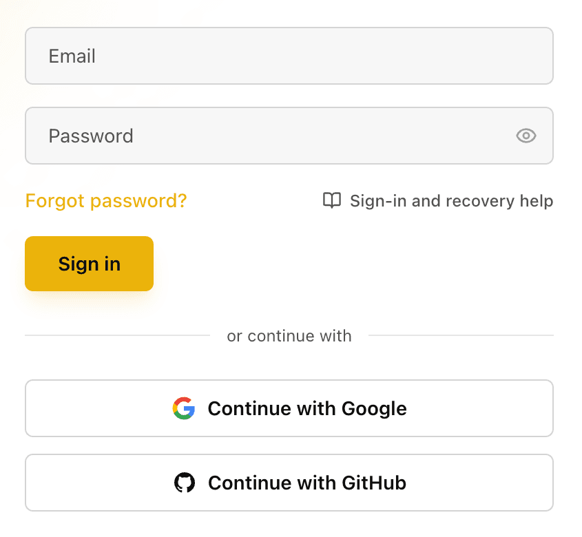 EidoStack desktop Sign in screen showing the email and password form plus Google and GitHub sign-in methods.