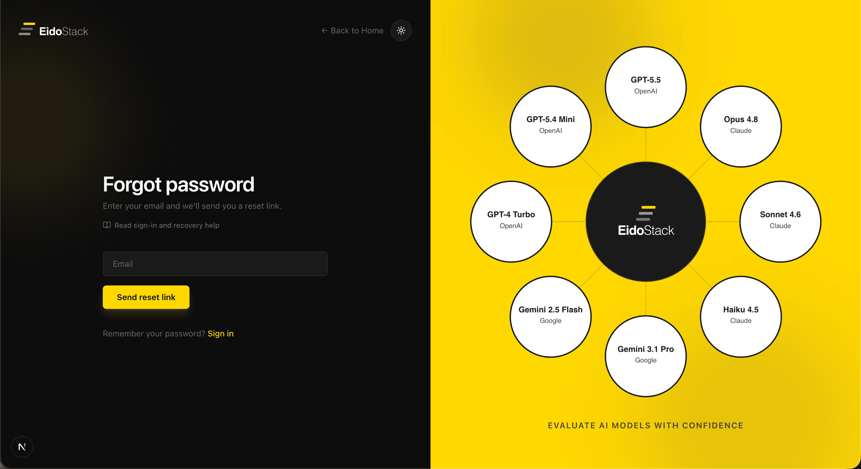 EidoStack desktop Sign in screen showing the Forgot password? link and password recovery entry point.