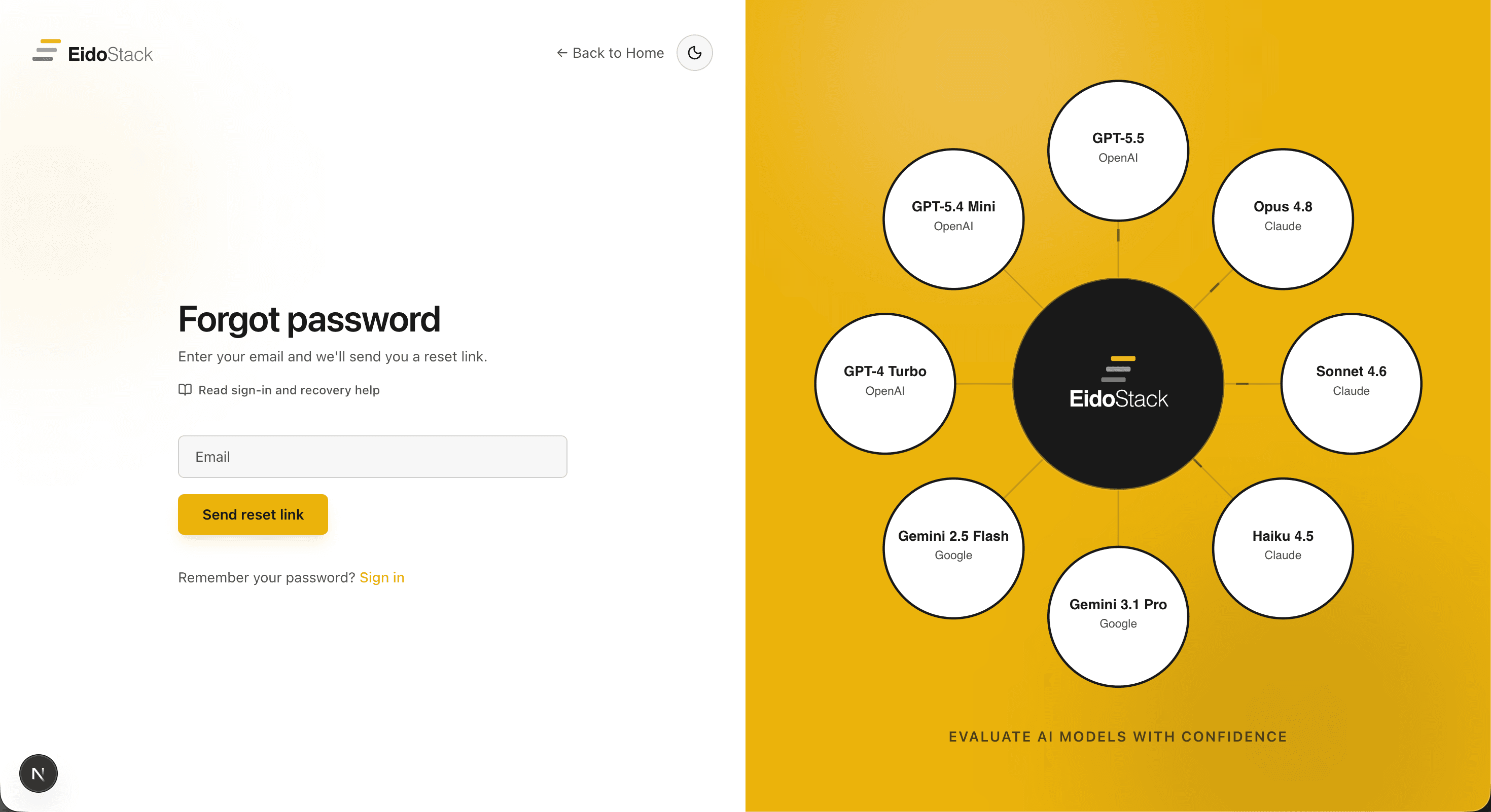 EidoStack desktop Sign in screen showing the Forgot password? link and password recovery entry point.