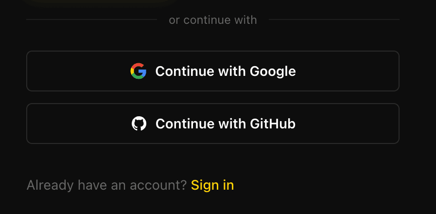 The Continue with Google and Continue with GitHub buttons on EidoStack’s Create account screen.