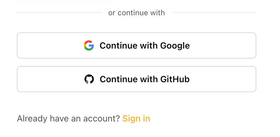The Continue with Google and Continue with GitHub buttons on EidoStack’s Create account screen.
