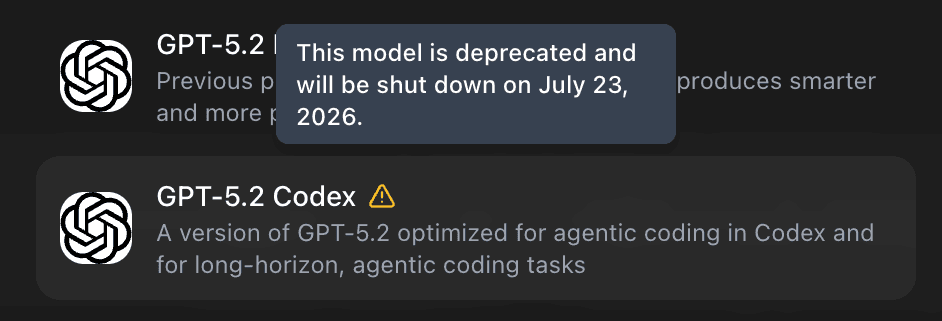 EidoStack Models settings page showing a deprecated model warning and scheduled shutdown date.