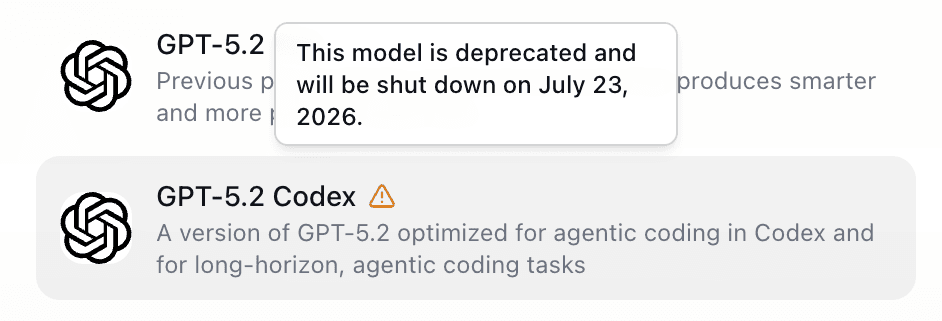 EidoStack Models settings page showing a deprecated model warning and scheduled shutdown date.