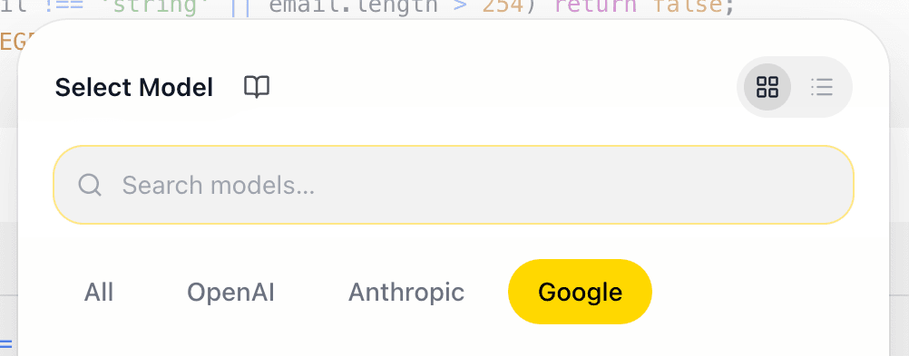 EidoStack model selector search field with provider filters and a matching model result.