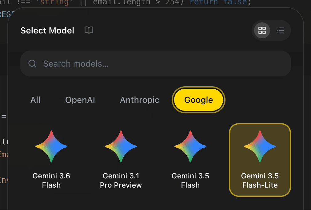 EidoStack model selector showing a selected model card.