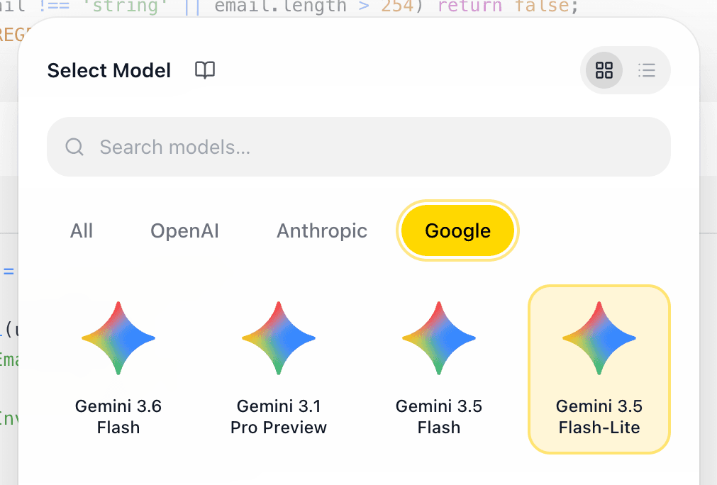 EidoStack model selector showing a selected model card.