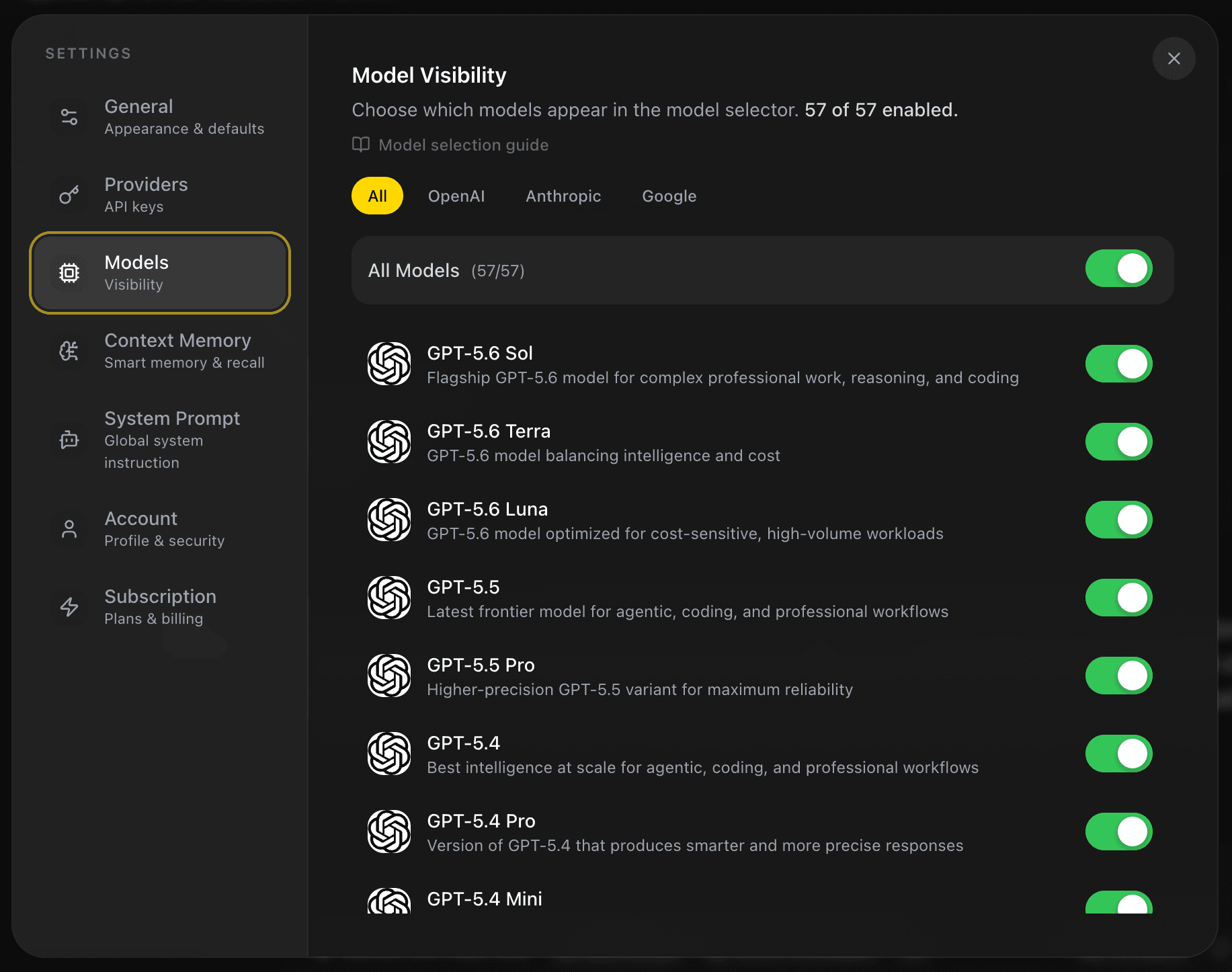 EidoStack Models settings page showing the workspace model list and visibility controls.