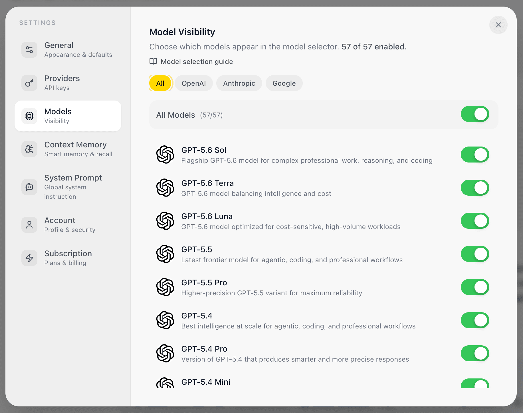 EidoStack Models settings page showing the workspace model list and visibility controls.
