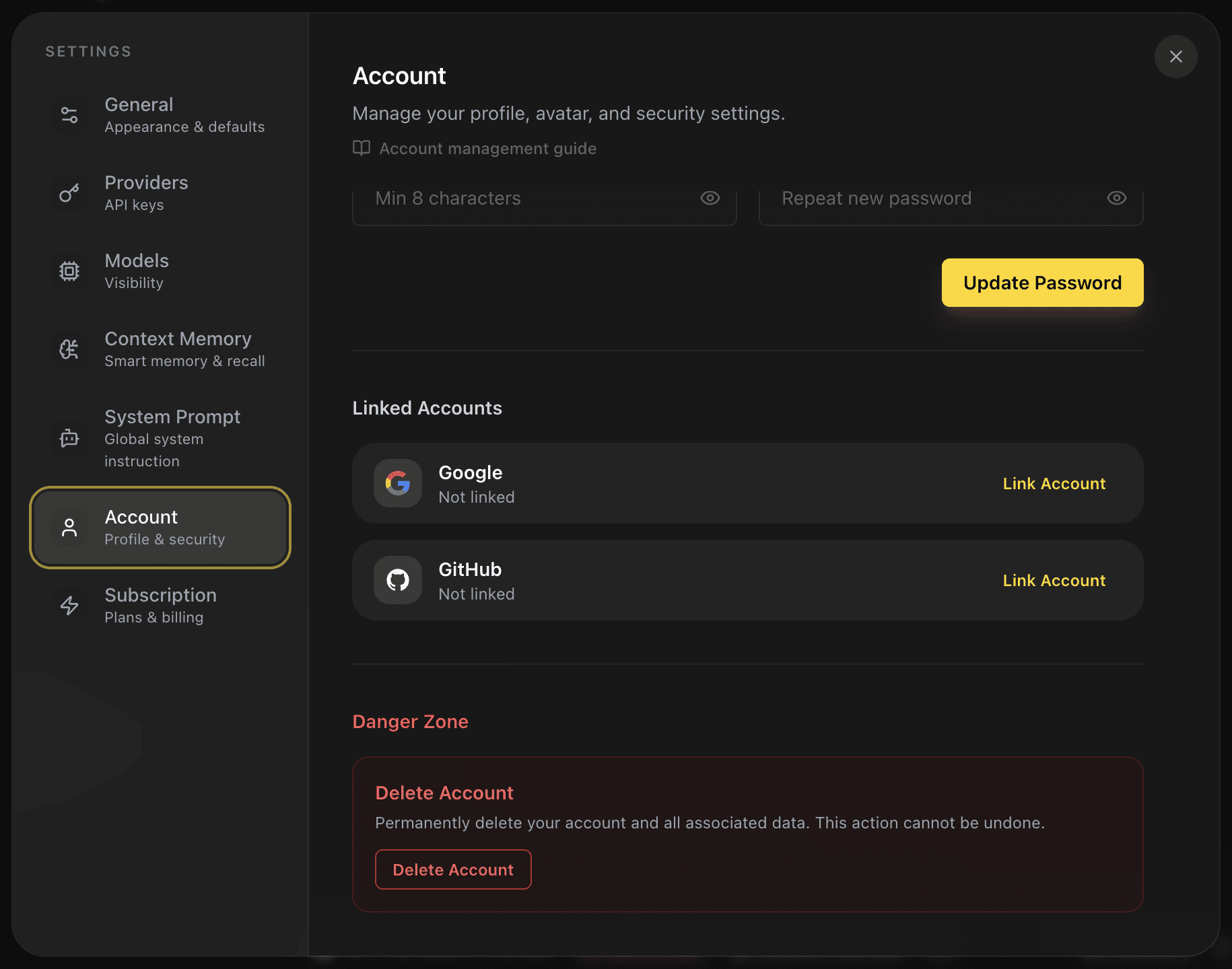 EidoStack Account settings showing the Danger Zone and account deletion controls.