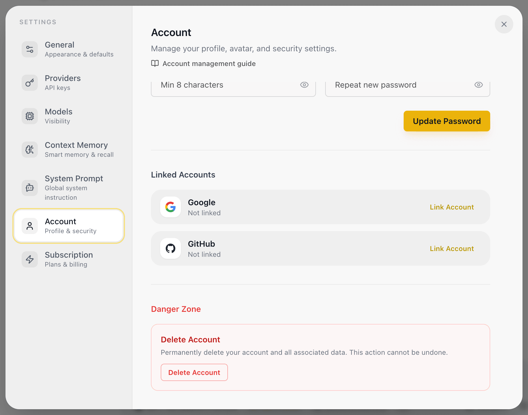 EidoStack Account settings showing the Danger Zone and account deletion controls.