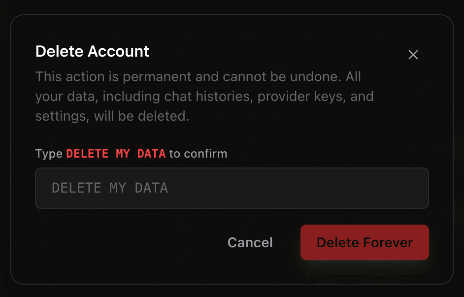 EidoStack delete-account confirmation dialog showing the data deletion warning.