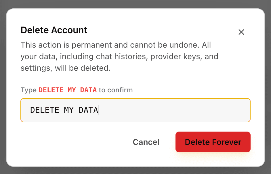 EidoStack delete-account confirmation dialog showing the data deletion warning.