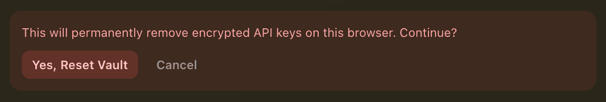 EidoStack warning shown before resetting the vault.
