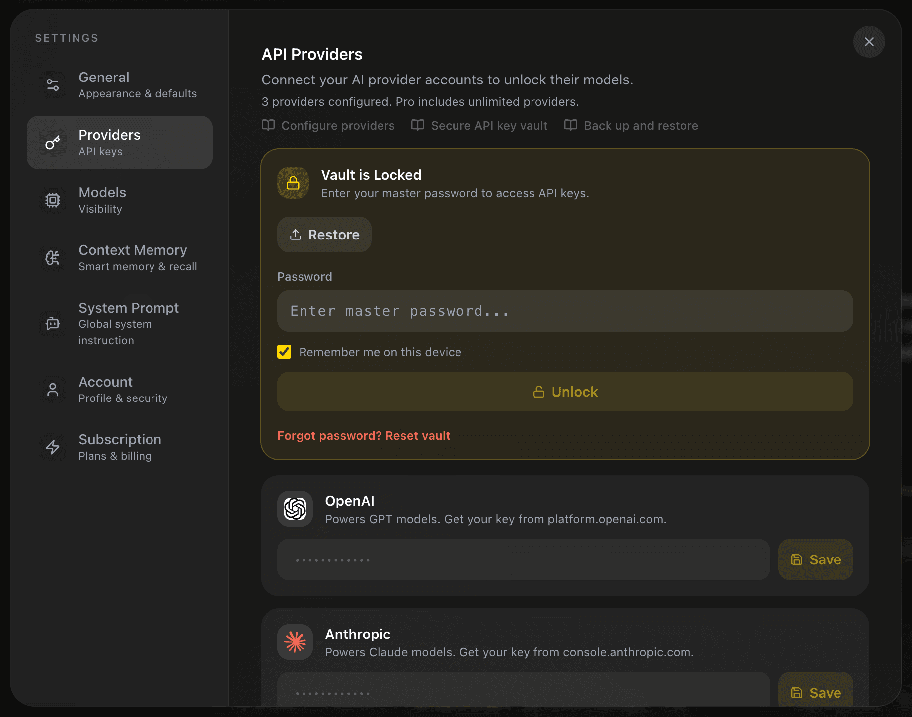 EidoStack Providers settings prepared for restoring a vault backup.