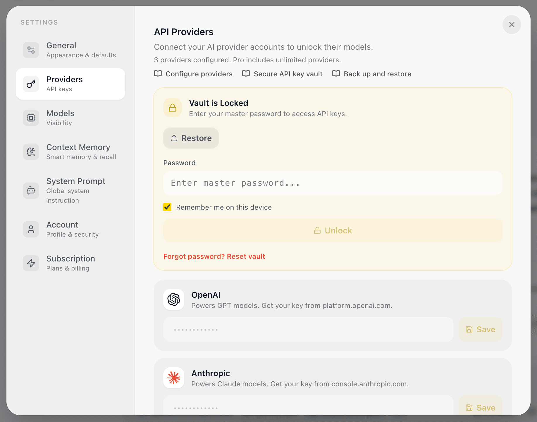 EidoStack Providers settings prepared for restoring a vault backup.