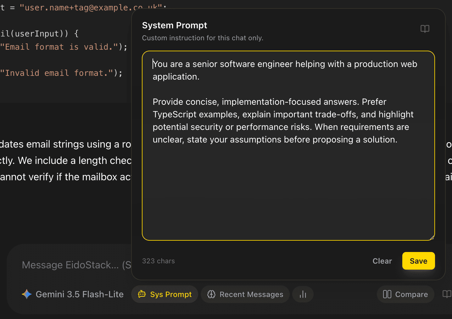 EidoStack chat showing the Sys Prompt control in the prompt toolbar.