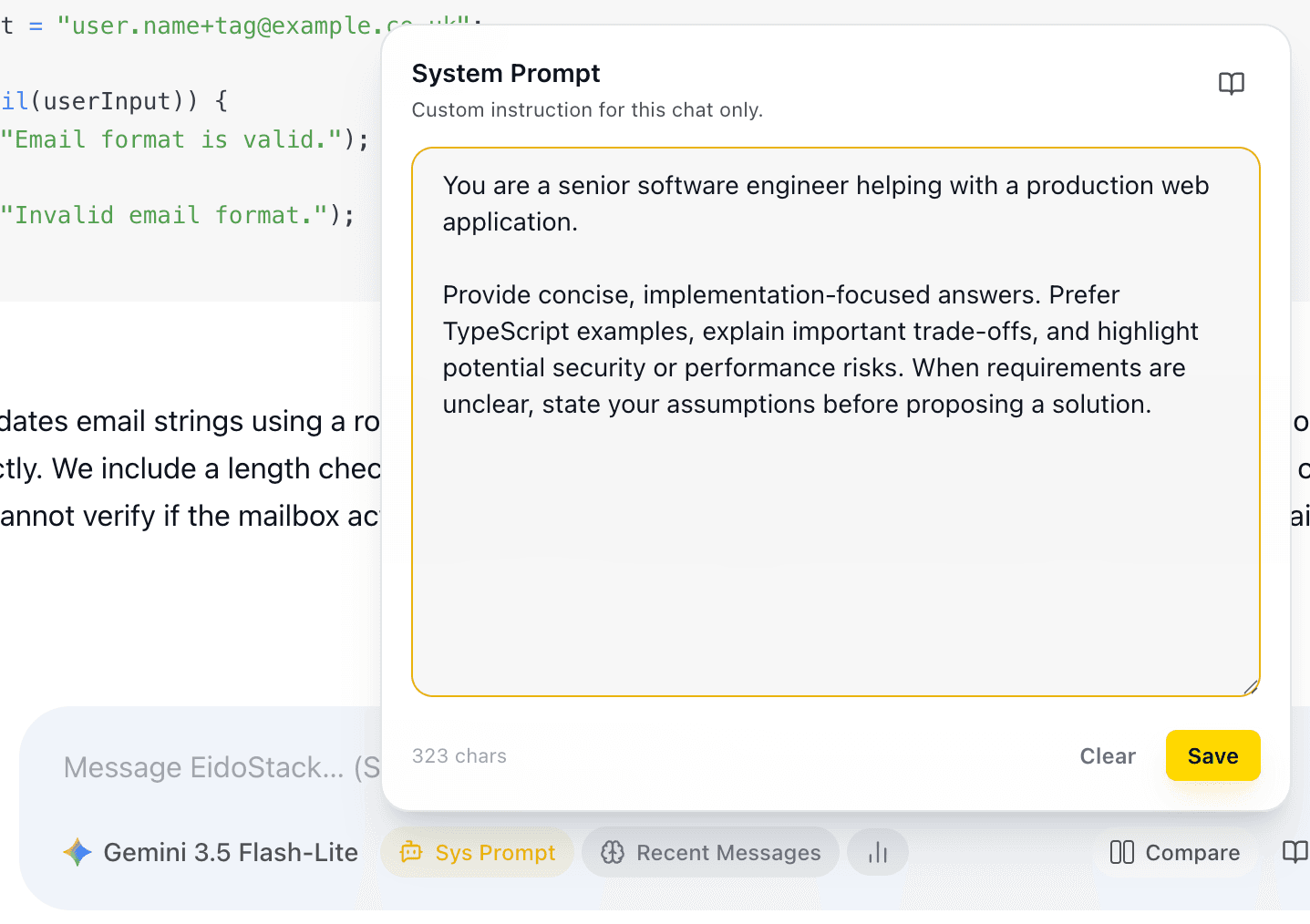 EidoStack chat showing the Sys Prompt control in the prompt toolbar.