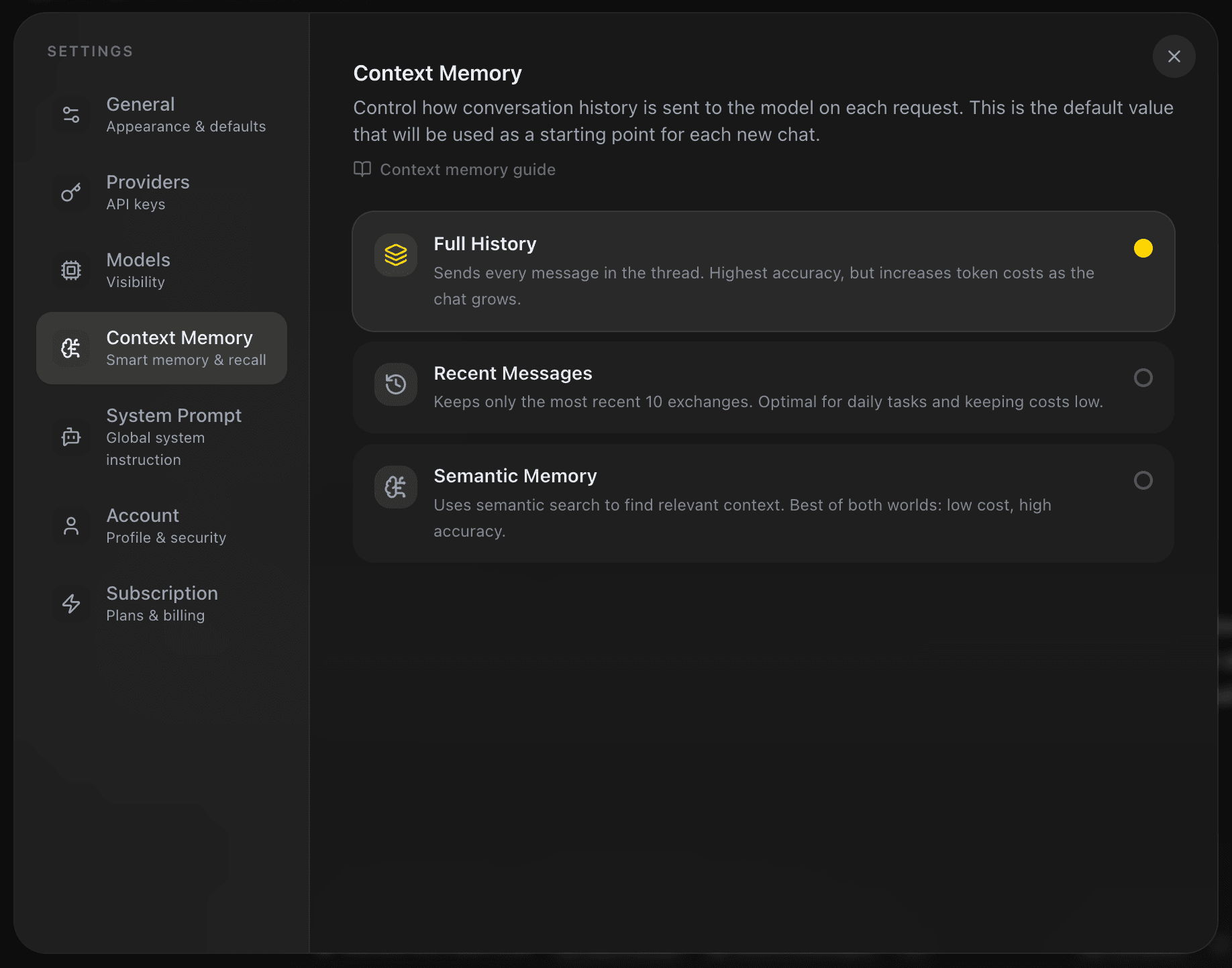 EidoStack Context Memory settings showing the available context strategies.