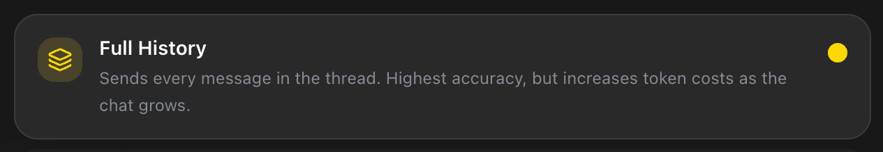 EidoStack Context Memory settings showing the Full History strategy.