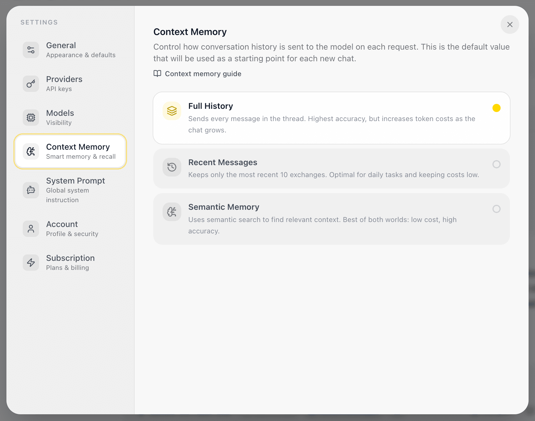 EidoStack Context Memory settings showing the available context strategies.