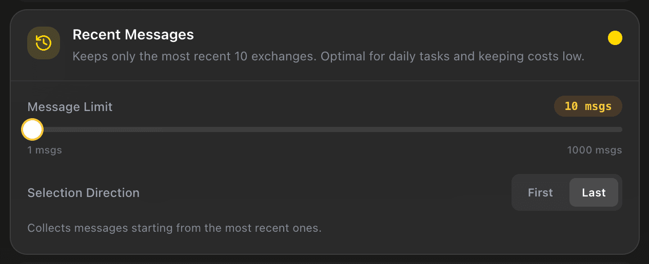 EidoStack Context Memory settings showing the Recent Messages strategy.