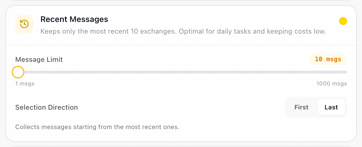 EidoStack Context Memory settings showing the Recent Messages strategy.