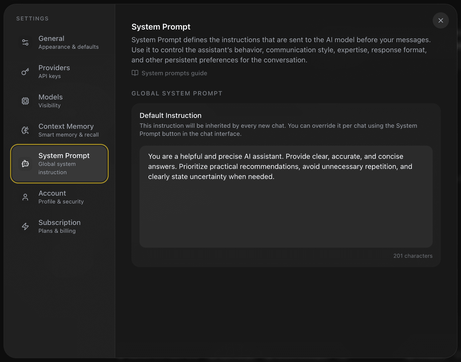 EidoStack System Prompt settings page showing the default instruction controls.