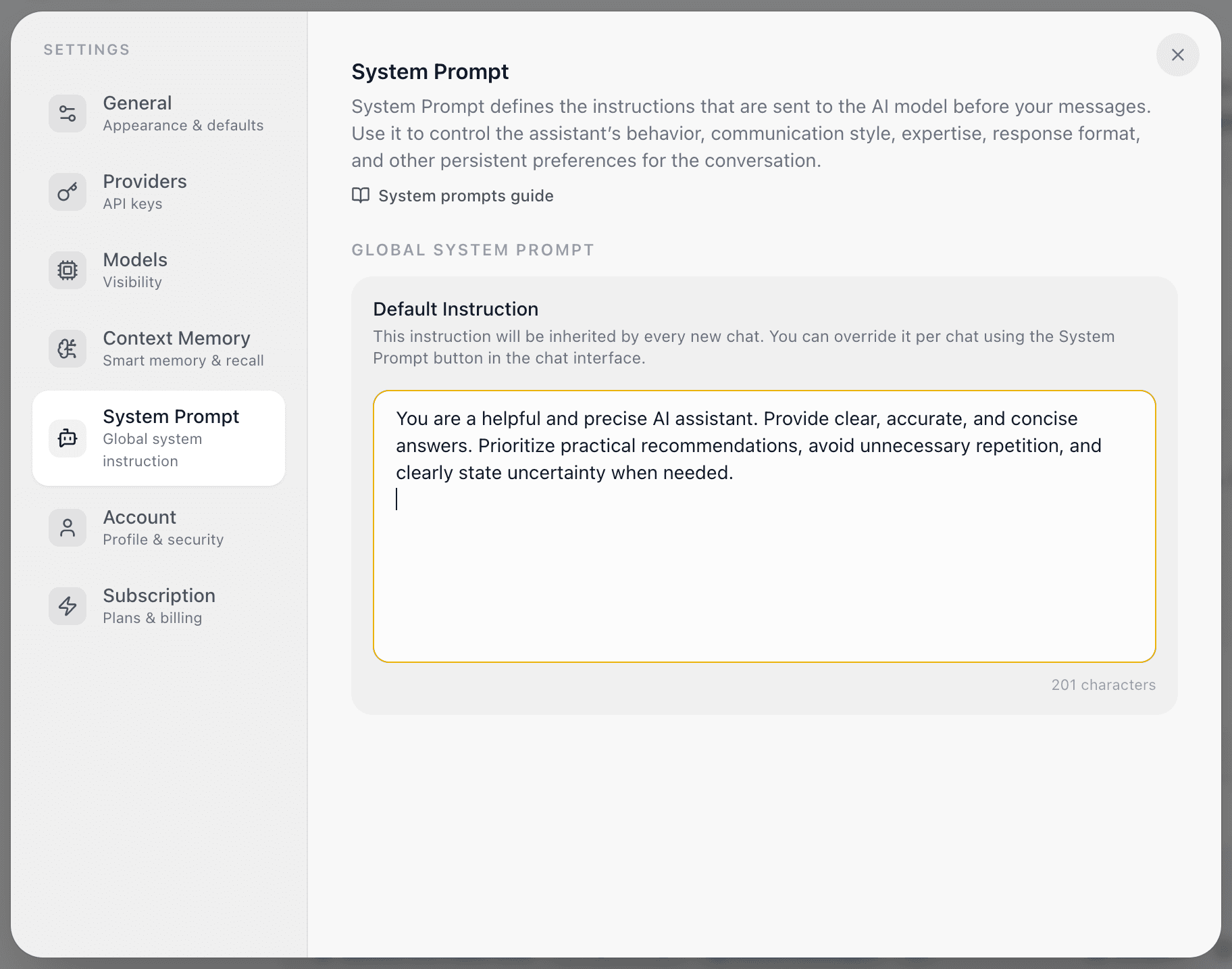 EidoStack System Prompt settings page showing the default instruction controls.