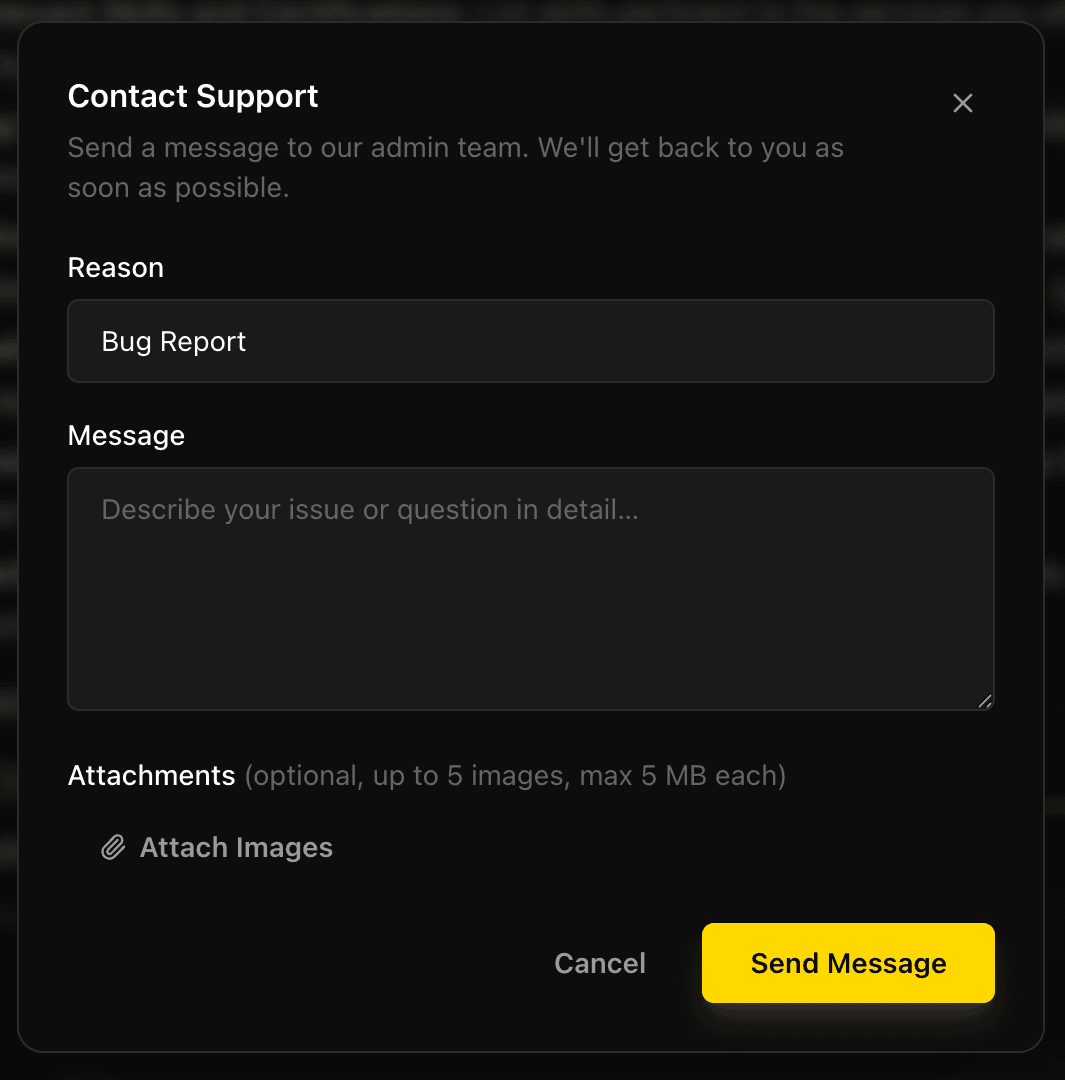 EidoStack Support dialog showing the reason selector and message field.