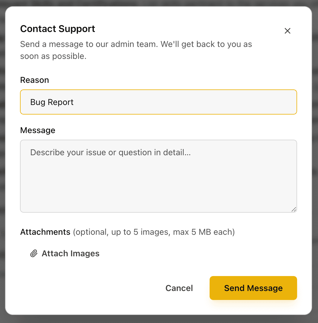 EidoStack Support dialog showing the reason selector and message field.