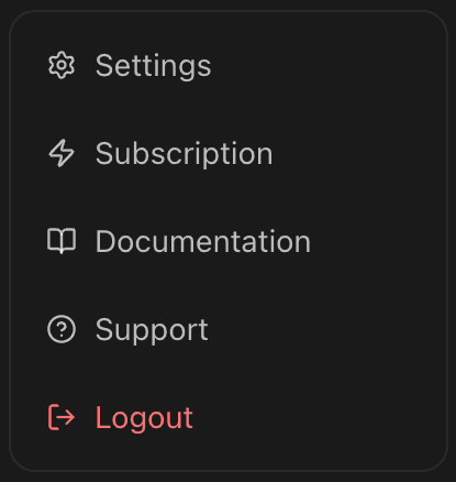 EidoStack workspace user menu showing the Support action.