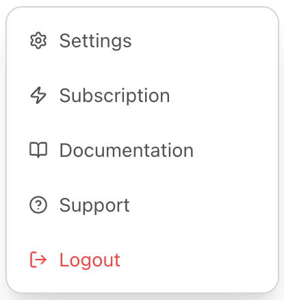 EidoStack workspace user menu showing the Support action.