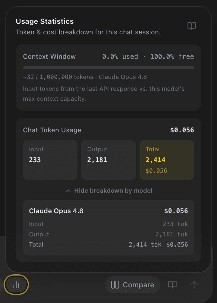 EidoStack Usage Statistics panel showing usage details inside a chat.